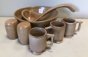 Vintage Set of 7 Pieces Frankoma Brown Tan Salt, Pepper, Bowl, 3 Cups & Ladle