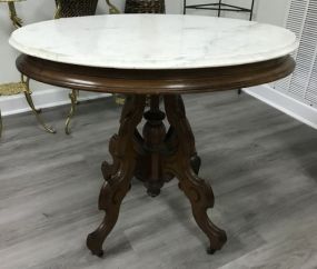 Antique Victorian Style Walnut Marble Top Lamp Table