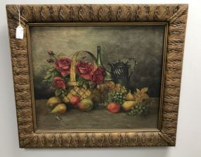 Antique Oil on Canvas in Gold Frame Roses in Basket