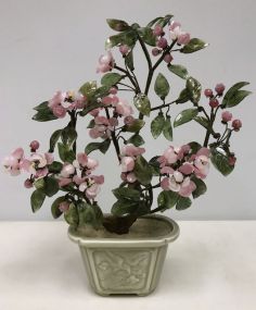 Vintage Japanese Carved Jade White Pink Cherry Blossom Tree