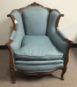 20th Century Mahogany Carved Blue Upholstered Wing Back Chair