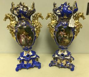 Rare Pair of Unusual Old Paris Vases w/ Horse Heals & North Winds H: 19