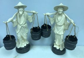 Pair White Ceramic Enamel Asian Figurines Carrying Water 19
