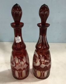 Pair of Vintage Bohemian Red Etched Decanters