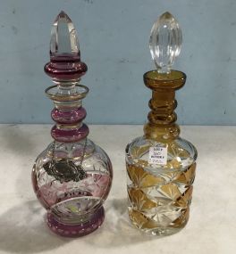Two Colorful Art Etched Glass Decanters