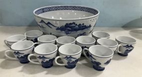 Large Chinese Modern Blue and White Punch Bowl and Cups