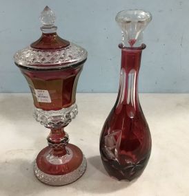 Two Vintage Red Etched Glass Decanter and Red Glass Candy Compote