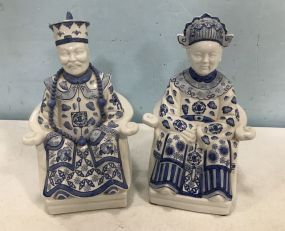 Pair of Asian Blue and White Porcelain King and Queen Statues