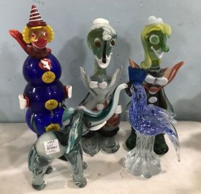 Hand Blown Art Glass Clowns, Elephant, and Bird