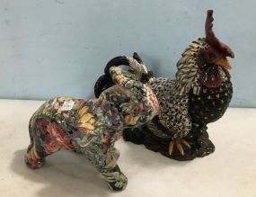 Hand Painted Ceramic Rooster and Elephant