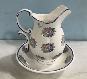 Blue White Ceramic Pitcher and Bowl