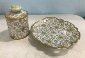 Japanese Hand Painted Gold Trim Charger and Jar