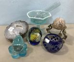 Polished Stone, Opalescent Glass Compote, Paperweight, and Cobalt Blue Vase