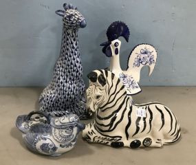Blue and White Giraffe, Rooster, Bird, and Pottery Zebra Jar