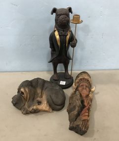 Bulldog Candle Stand, Native American Wall Plaque and Dog