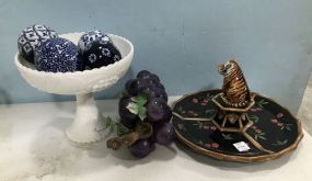 Tiger Serving Dish, Glass Grape Decor, and Milk Glass Compote with Blue and White Balls