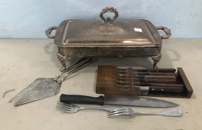Silver Plate Casserole Stand, Pie Knives, and Steak Knives