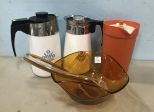 Corning Ware Pitchers, Vintage Plastic Pitcher, and Amber Glass Bowl