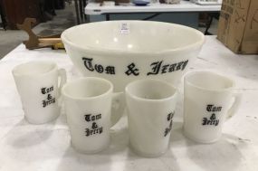Tom and Jerry Egg Nog Milk Glass Bowl and Cups