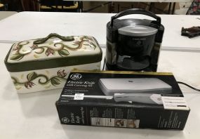 Black & Decker Jar Opener, Electric Knife, and Ceramic Container.