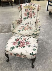 Queen Anne Style Floral Upholstery Arm Chair And Ottoman