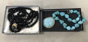 Faux Turquoise Stone Necklace and Black Plastic Bead Necklace with Cameo