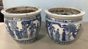Pair of Oriental Blue and White Porcelain Planters