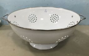 Large White Enamel Handled Serving Bowl