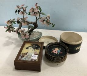 Faux Jade Tree, Chinese Trinket Box, and Japanese Hand Painted Coasters