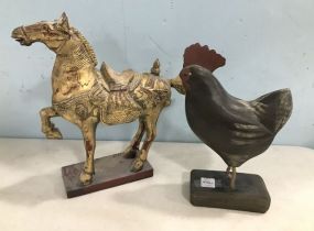 Gold Gilt Painted Horse Statue and Hand Painted Rooster Statue