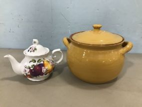 Pottery Handled Pot and Porcelain Hand Painted Pitcher