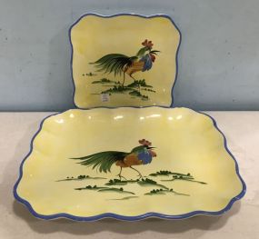 Hand Painted Square Rooster Plate and Platter