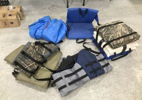 Group of Seat Pads, Life Jackets, Tarp, Seat