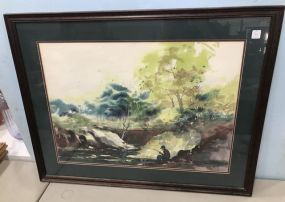 Gary Walters Watercolor Landscape Fishing Scene