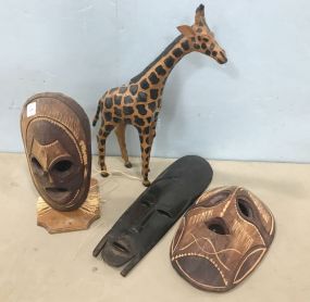 African Tribal Carved Masks and Giraffe Statue