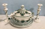 Italian Porcelain Green/White Tureen and Candle Sticks