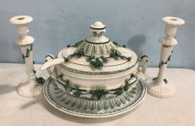 Italian Porcelain Green/White Tureen and Candle Sticks