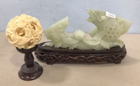 Faux Jade Carved Fish and Resin Carved Ball on Stand