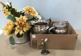 Silver Plate Pitcher, Ladles, Knife Handle Planter, and Kitchenware
