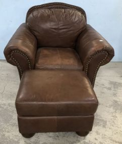 Large Brown Vinyl Leather Chair and Ottoman