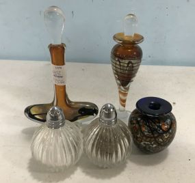 Art Glass Perfume Bottles, Vase, and Salt & Peppers