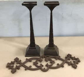 Pair of Metal Candle Stands and Metal Wall Plaque