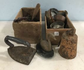Primitive Molds, Boxes, Iron, Cotton Scale Weight, and Brass Swan
