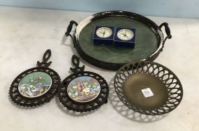 Gump's Clocks, Round Wood Tray, Trivets, brass bowl.
