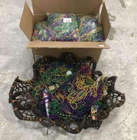 10 Bags on Mardi Gras Beads and Woven Basket of Beads