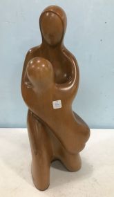 Signed Fusou Wood Mother and Child Carved Statue