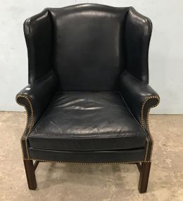 Navy Blue Vinyl Winged Back Arm Chair