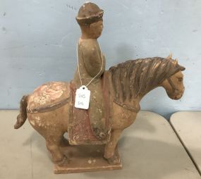 Chinese Painted Terra Cotta Tomb Figure of Warrior on Horse