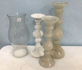 Three Glass Painted Candle Sticks and Thick Glass Hurricane Shade