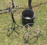 Two Iron Outdoor Tables and Iron Planter